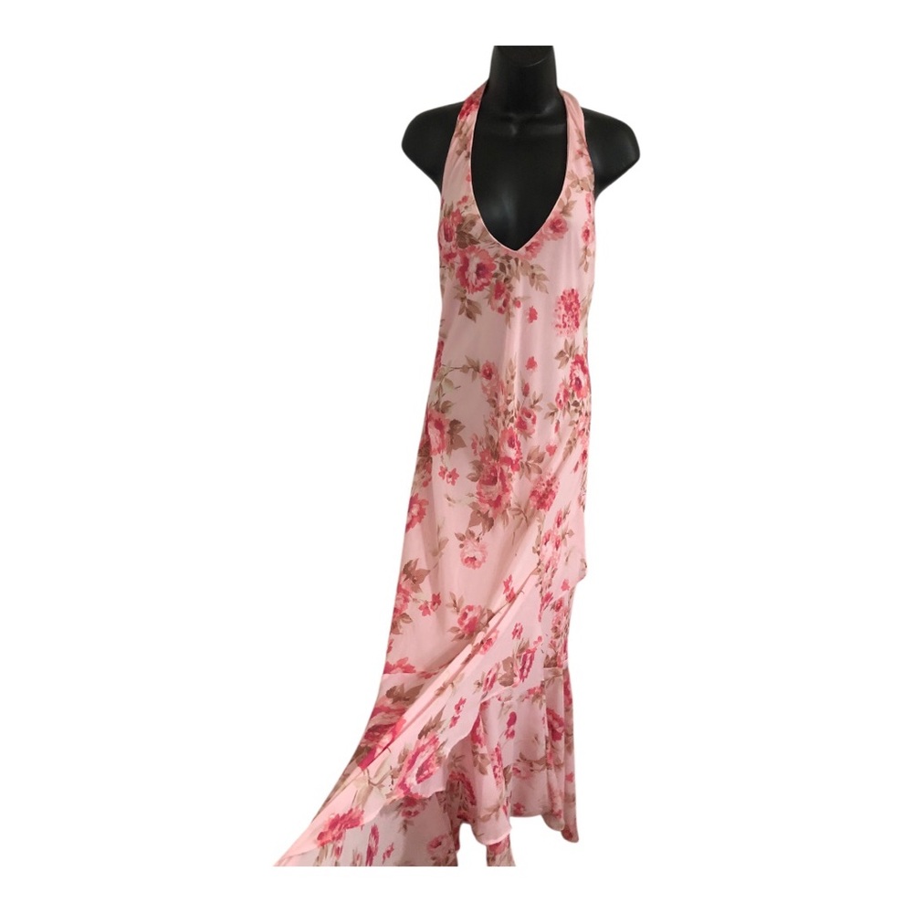 Jessica Simpson pink roses ruffle front tiered hem maxi halter dress size XL new